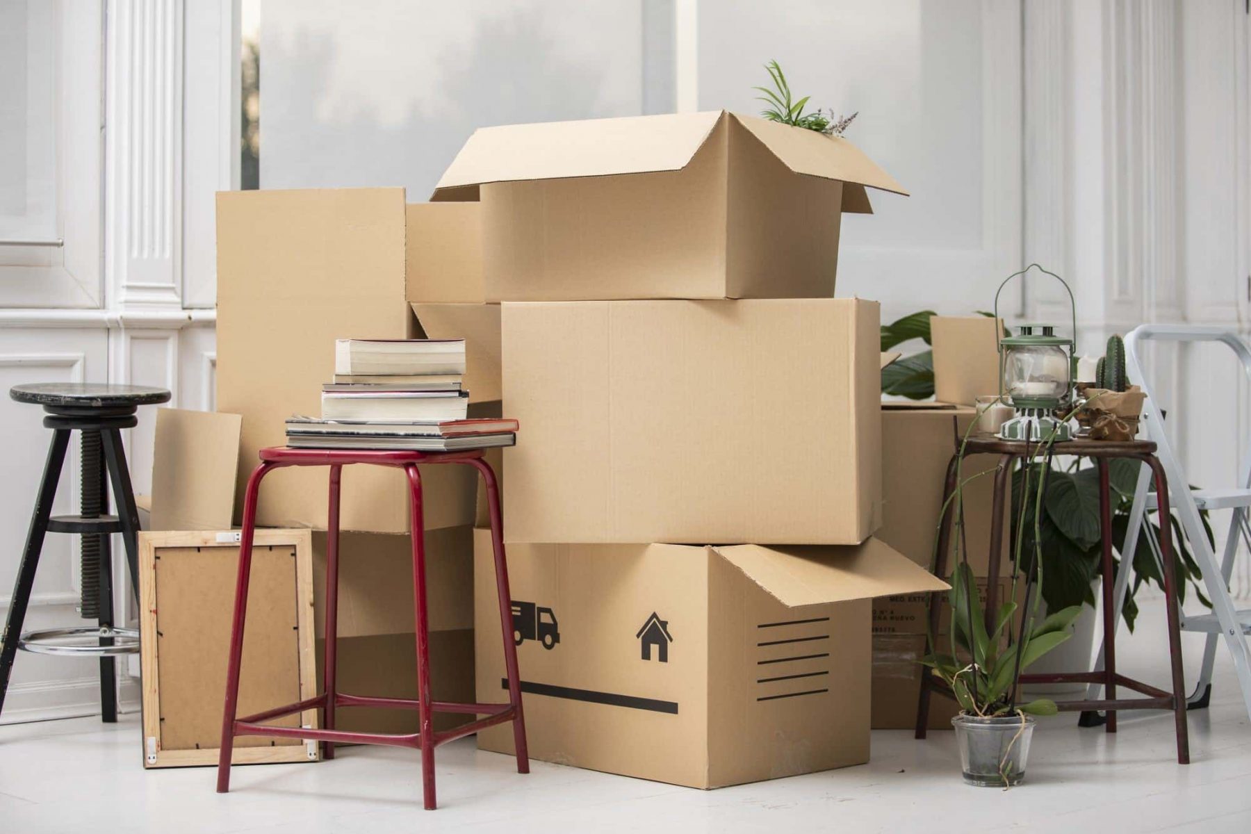 Moving boxes stacked on top of each other